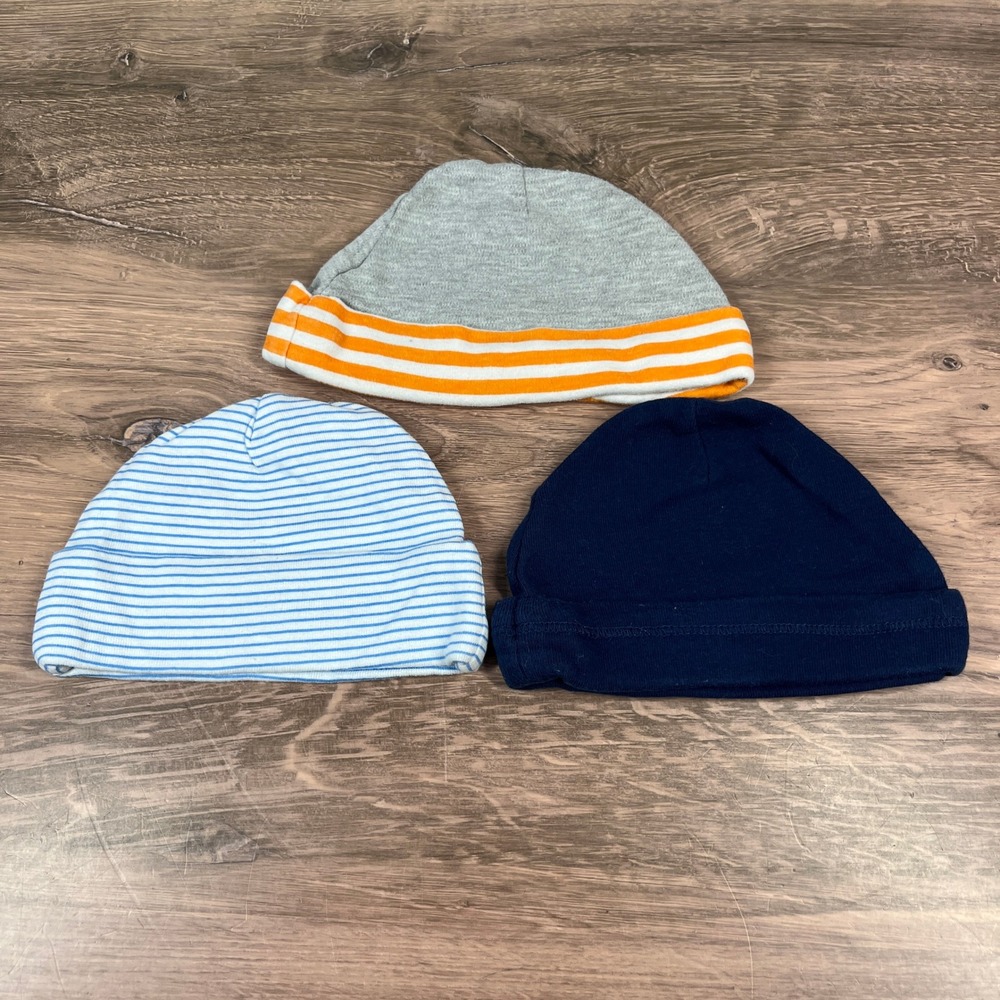 Disney Carter's Gerber Beanie Lot Kids NB 0-6M Blue Gray‎ Striped Baby Hat 3pk